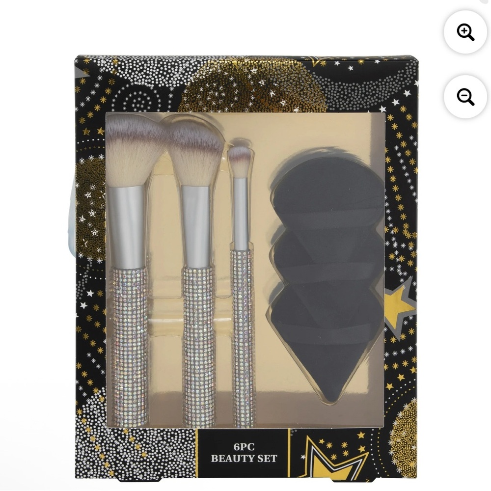 6 Pc Crystal Rhinestone Bling Makeup Brush & Powder Puff Set